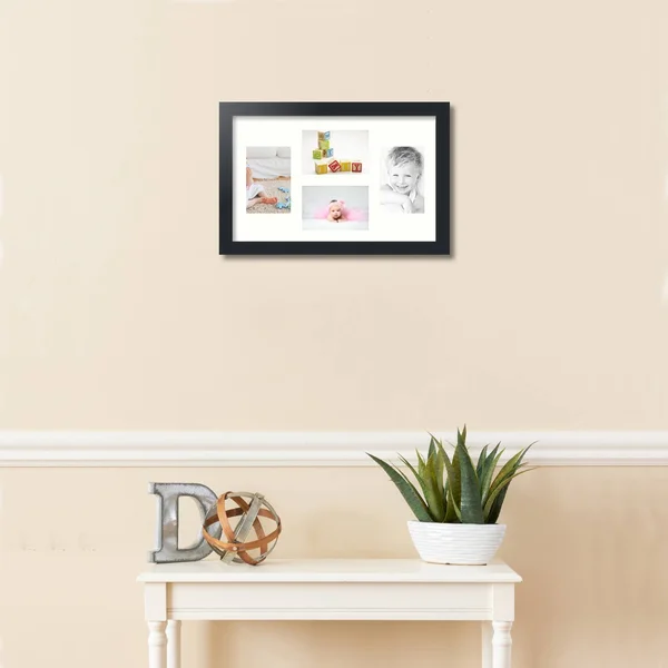Collage Picture Frame, Satin Black Frame with 4 openings for 4x6 Photos with White Light Cream Mat. D3926IJ162, ArtToFrames