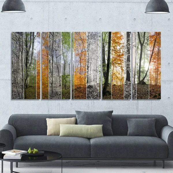 Design Art &Wood Panorama Changing Seasons& 6 Piece Photographic Print Set on Canvas, Orange