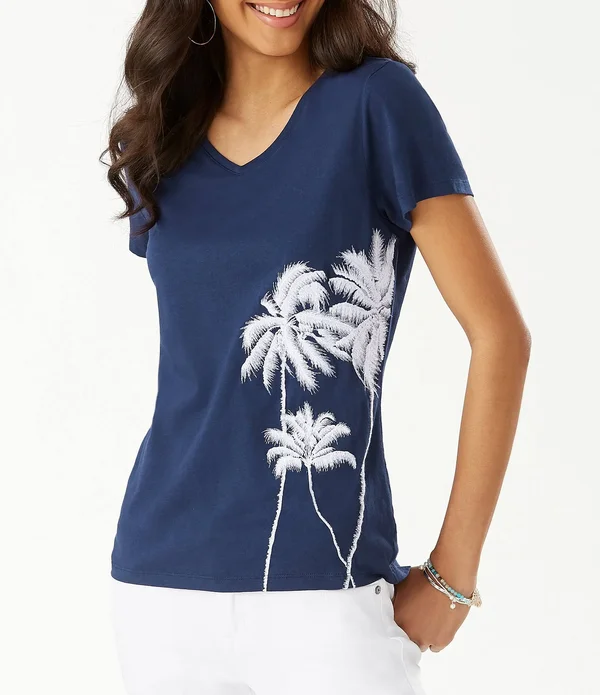 Tommy Bahama Palm Print Viale Cotton Blend T-Shirt - Island Navy S