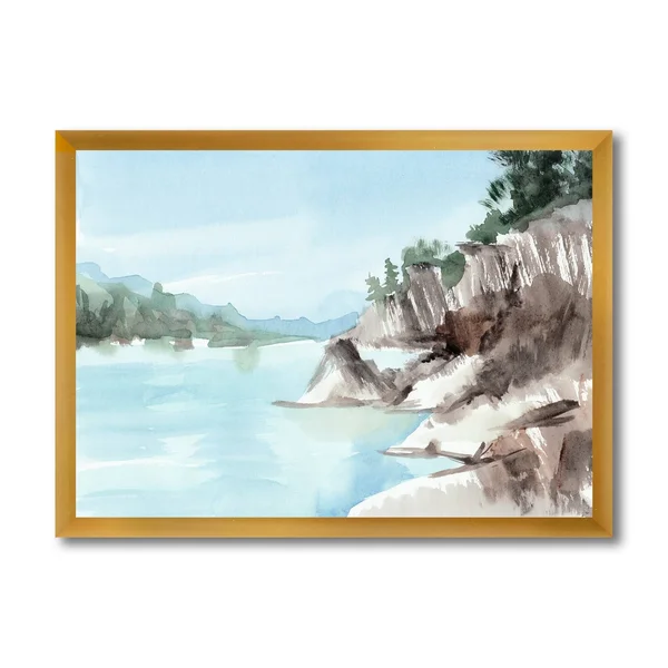 Designart 'Rocks by The Blue Lake' Lake House Framed Art Print - 40 in. Wide x 30 in. High - Black