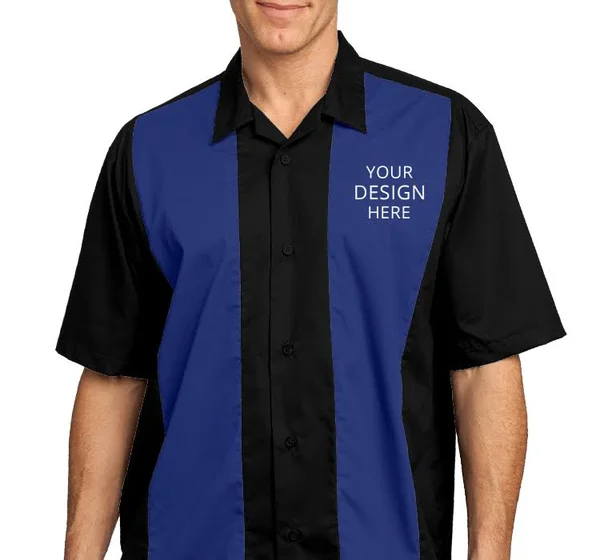 Custom Embroidered Port Authority Men's Bowling Shirts - Retro Camp Bowling Shirt - Size: Xs, Black/Royal