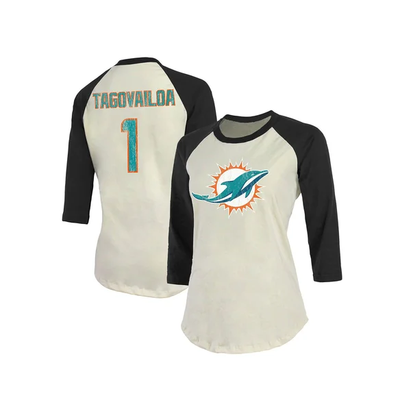 Women's Fanatics Branded Tua Tagovailoa Cream/Black Miami Dolphins Vintage Player Name & Number Raglan 3/4-Sleeve T-Shirt Si