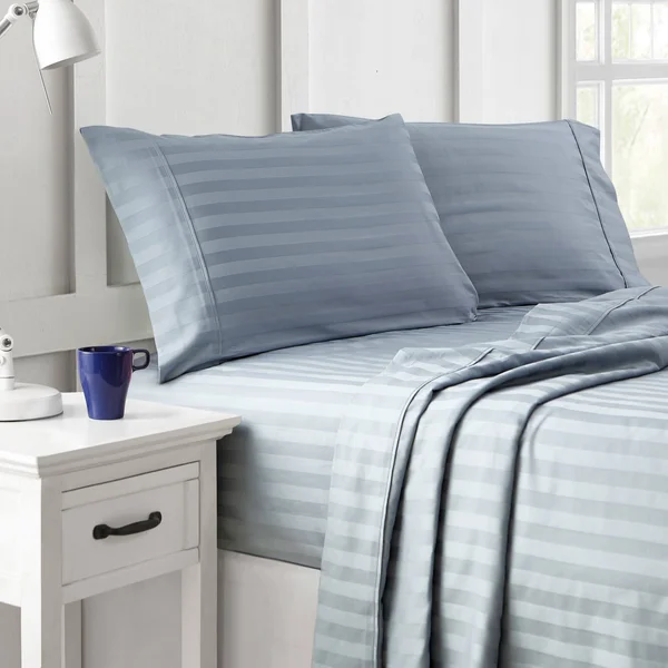 Brielle Home 100% Organic Cotton Dobby Stripe Sheet Set Queen, Blue