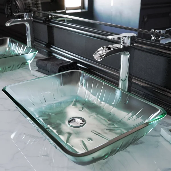 Vigo VGT1900 Rectangular Icicles Glass Vessel Bathroom Sink Set with Niko Vessel Faucet in Chrome