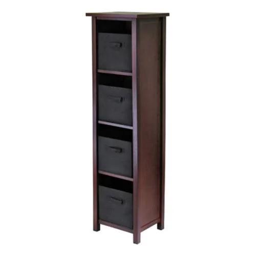 Winsome Verona 4-Section N Storage Shelf Bookcase with 4 Foldable Black Color Fabric Baskets - Size: 16.4'W x 13'D x 56'H
