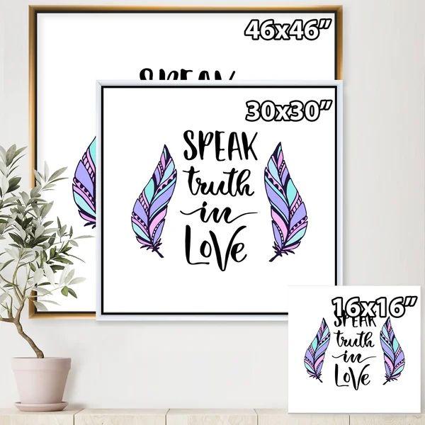 Designart &Spreak Truth in Love Tribal Feathers I& Modern & Contemporary Framed Canvas Wall Art Print - 30 in. Wide x 30 in.