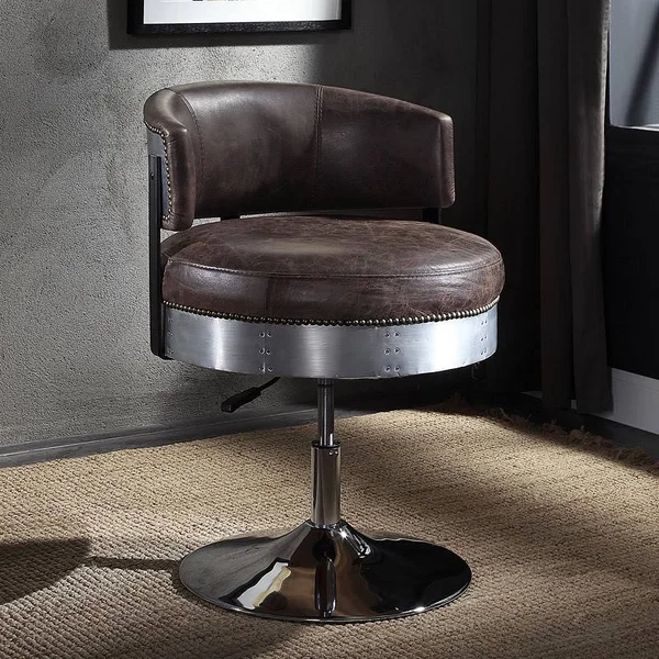 Acme Brancaster Adjustable Chair with Swivel - Distress Chocolate Top Grain Leather and Chrome
