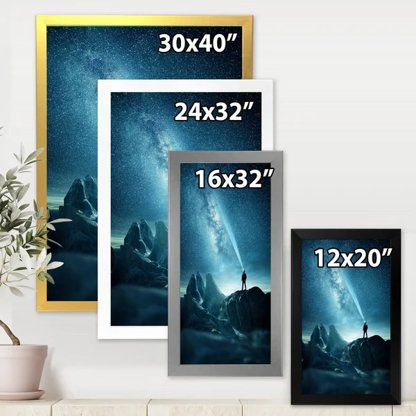 Designart 'A Man Shining A Light Into The Night Sky' Modern Framed Art Print - 30 in. Wide x 40 in. High - Black