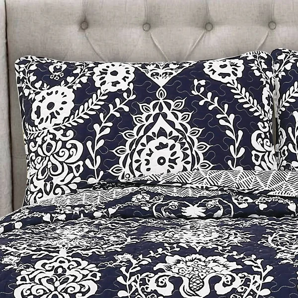 Lush Decor Rosetta Floral Quilt Set Navy Full/Queen