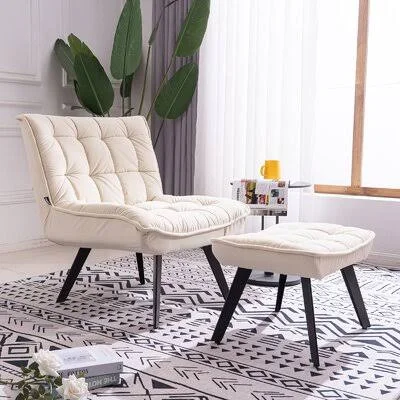 Modern Beige White Soft Velvet Material Large Width Accent Chair Leisure Chair TV Chair Bedroom Chair with Ottoman Black Legs fo