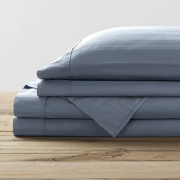 Brielle Home 100% Organic Cotton Dobby Stripe Sheet Set Queen, Blue
