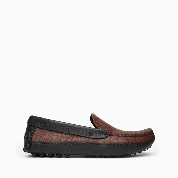 Minnetonka Moccasin, Men's P.W. Driving Loafer (Color Block) in Brown Upper and Black Lower, Size 10, Handmade