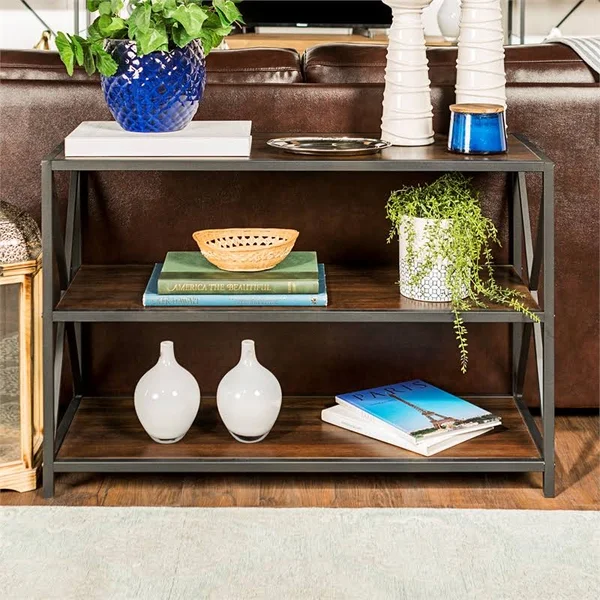 Pemberly Row 40x22 x Frame Metal Bookshelf in Dark Walnut - PR-1711075