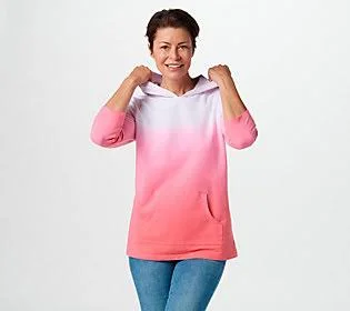 Denim & Co. Active Dip Dye French Terry 3/4Sleeve Pullover - Size X-Small, Warm Coral