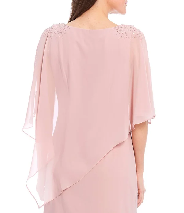 Ignite Evenings Chiffon Asymmetric Overlay Beaded Shoulder Detail Round Neck Sheath Dress - 6