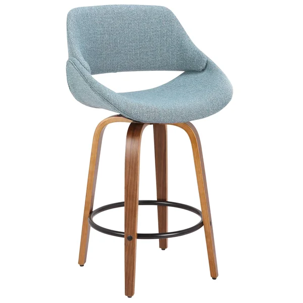 Set of 2 Mid Century Modern Blue Fabric Counter Stools with Walnut Legs 38x22