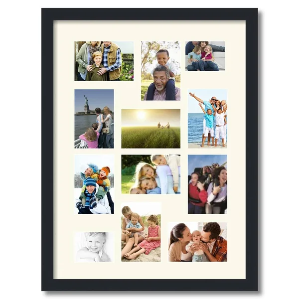 Collage Picture Frame, Satin Black Frame with 12 openings for 4x6 Photos with Brilliant White Mat. D3926EM465, ArtToFrames
