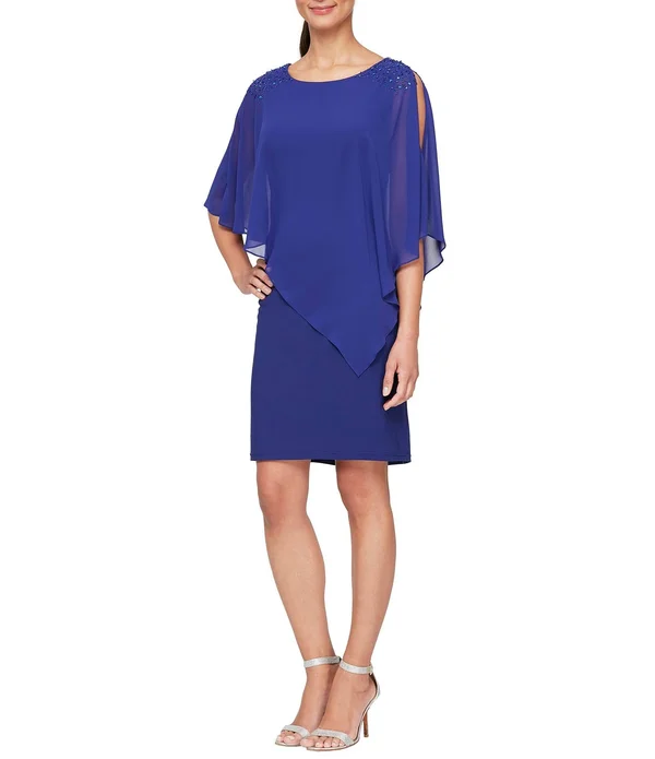 Ignite Evenings Chiffon Asymmetric Overlay Beaded Shoulder Detail Round Neck Sheath Dress - 6