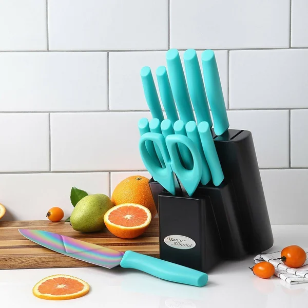 Dishwasher Safe Rainbow Titanium Cutlery Knife Set - Marco Almond Kya27 Kitchen Knives Set with Wooden Block, Rainbow Titanium