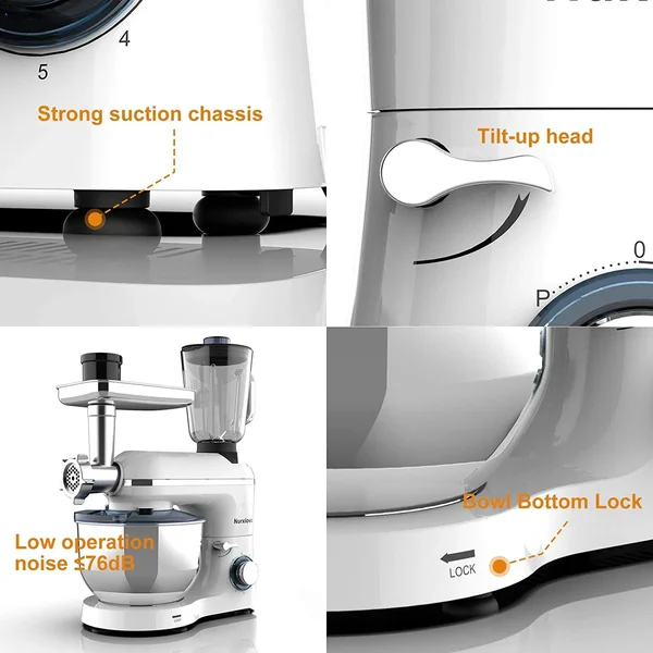 Nurxiovo 3 in 1 Stand Mixer - 850W Kitchen Food Mixer with 6 Speed and Pulse, Home Mixer Stand Up with 7qt Stainless Steel Bowl, Do