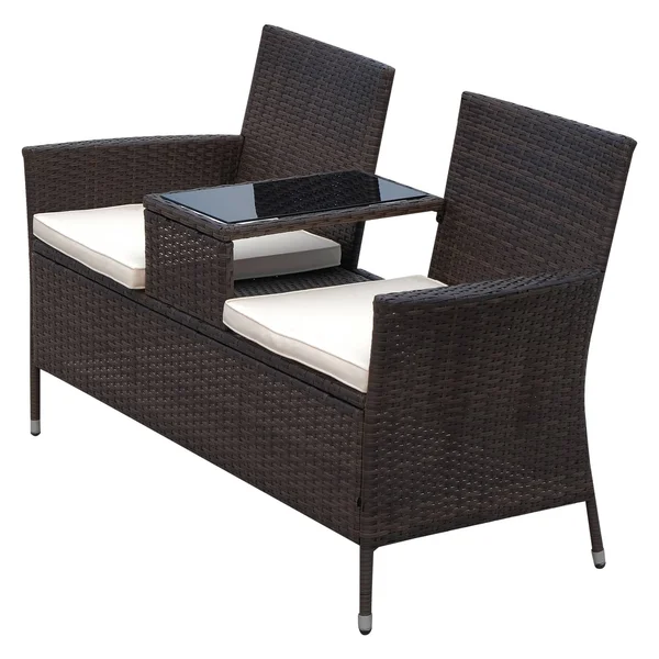 Outsunny 2 Seat Rattan Wicker Padded Chair Bench with Tea Table - Brown