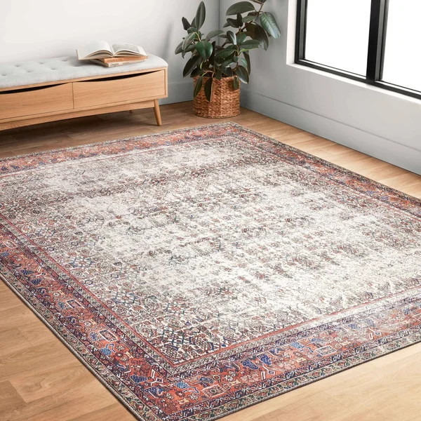 Alexander Home Isabelle Boho Vintage Distressed Printed Area Rug - 2&-6x22 x 12& - Ivory - Brick