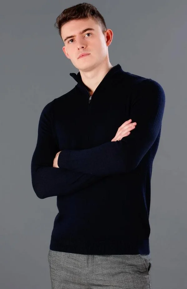 Mens 100% Extra Fine Merino Wool Quarter Zip Jumper - Navy, M