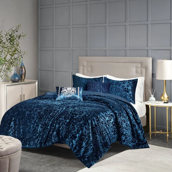 Home Essence Edith 5 Piece Faux Velvet Comforter Set, Size: King, Blue