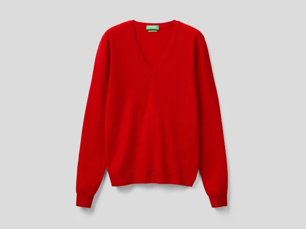 Benetton, Sweater with V-Neck in Pure Virgin Wool, Size S, Red, Women