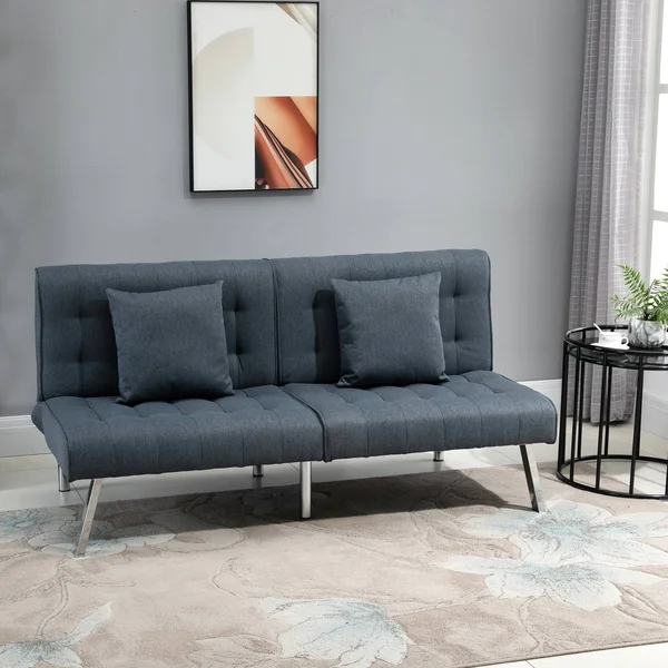 HOMCOM 2-Seater Convertible Sofa Bed with 7 Adjustable Angled Backrest Levels - 2 Pillows, and 5 Steel Legs - Grey