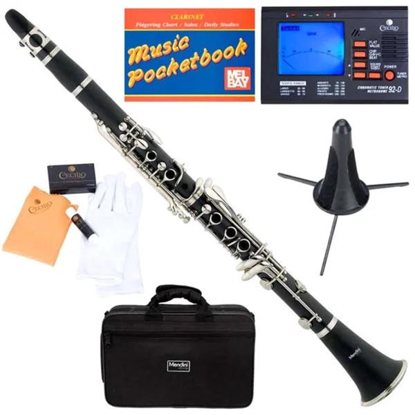 Mendini by Cecilio Black Ebonite Bb Clarinet with Stand - Tuner, 10 Reeds, Pocketbook, Mouthpiece and Case, B Flat MCT-E