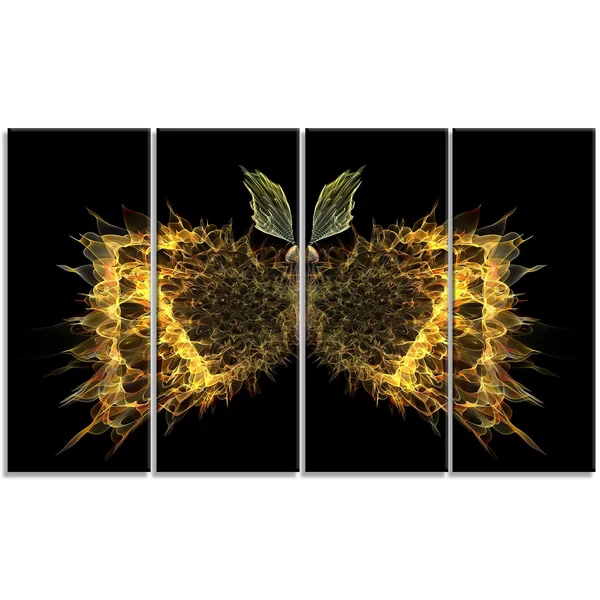 Design Art Golden Fractal Butterfly in Dark - Large Abstract Art Canvas Print - Yellow - 60 in. Wide x 28 in. High - 5 Equal Pane