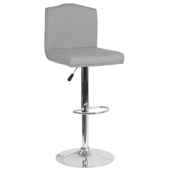 Bellagio Contemporary Adjustable Height Barstool with Accent Nail TRIM, Light Gray Fabric