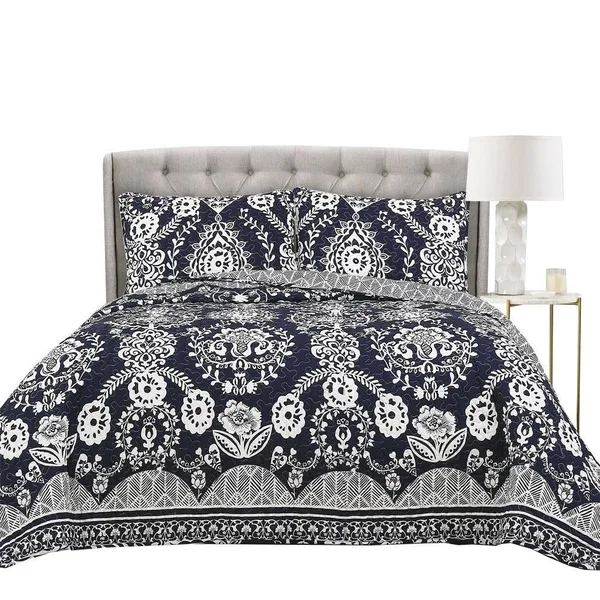 Lush Decor Rosetta Floral Quilt Set Navy Full/Queen