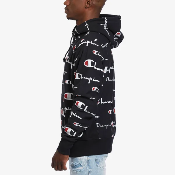 Champion All Over Logo Hoodie - Black - Large