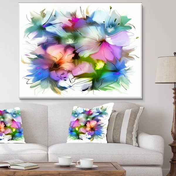 Designart &Watercolor Floral Bouquet& Extra Large Floral Wall Art - Blue - 40 in. Wide x 30 in. High - 1 Panel