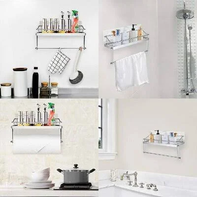 Paper Towel Holder Shelf, Wall Mounted Paper Towel Roll Rack Basket for Kitchen, Shower Bathroom & Balcony, Rustproof, No Drilli