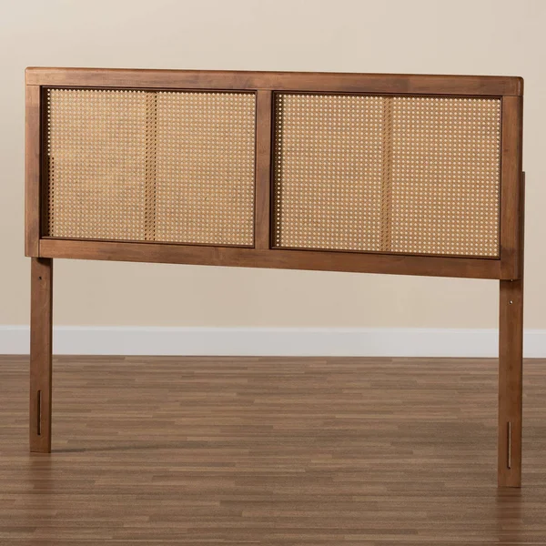 Baxton Studio Gilbert Mid-Century Modern Ash Walnut Finished Wood and Synthetic Rattan King Size Headboard