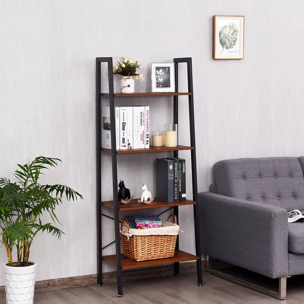 4-Tier Ladder Shelf Bookcase Storage and Display Rack - Black/Brown