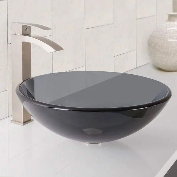 Vigo VGT1035 Sheer Black Glass Vessel Bathroom Sink and Duris Bathroom Vessel Faucet in Brushed Nickel