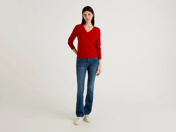 Benetton, Sweater with V-Neck in Pure Virgin Wool, Size S, Red, Women