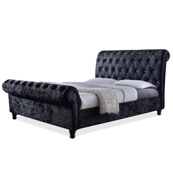 Baxton Studio Castello Black Velvet Upholstered Faux Crystal-Buttoned Sleigh Platform Bed - Queen