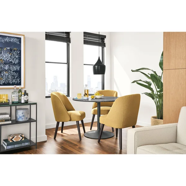 Room & Board, Modern Aria Round Table 27 Diameter in White, Marbled White Quartz Top w/ White Base