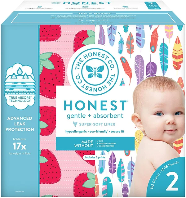 The Honest Company Super Club Box Diapers with TrueAbsorb Technology, Painted Feathers & Strawberries, Size 2, 152 Count