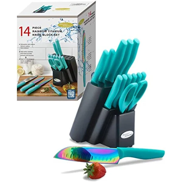 Dishwasher Safe Rainbow Titanium Cutlery Knife Set - Marco Almond Kya27 Kitchen Knives Set with Wooden Block, Rainbow Titanium