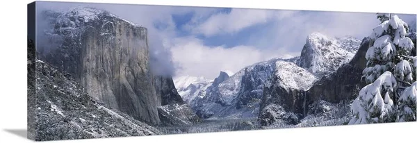 Mountains and Waterfall in Snow - Tunnel VIEW, El Capitan, Half Dome, Bridal Veil, Yosemite Nation..., Canvas Wall Art, 48x16