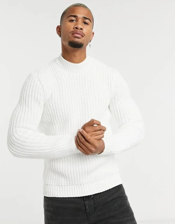 ASOS Design Heavyweight Fisherman Rib Turtleneck Sweater in White