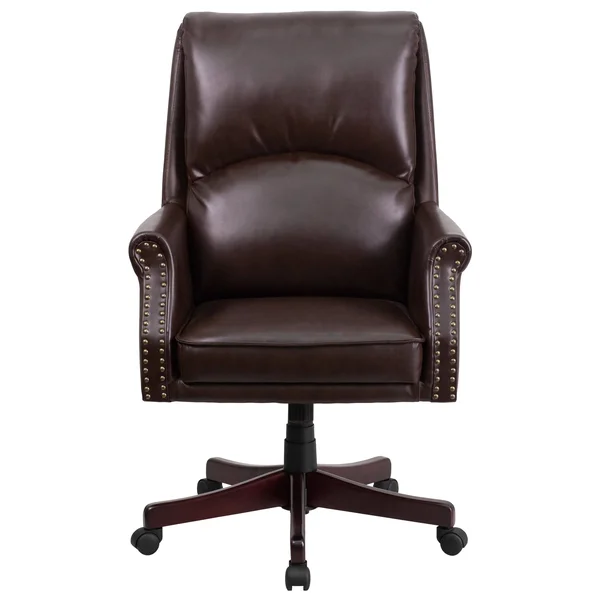 High Back Pillow Back Brown Leather Executive Swivel Office Chair with Arms