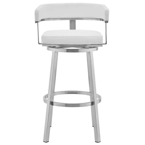 Armen Living Cohen 30x22 White Faux Leather and Brushed Stainless Steel Swivel Bar Stool