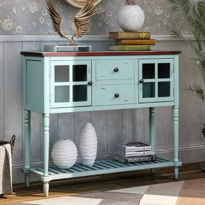 Sideboard Console Table with Bottom Shelf and Storage Cabinet Longshore Tides Color: Brown/Retro Blue
